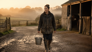 Une agricultrice en veste de travail traverse la cour d’une ferme au petit matin, un seau à la main, étable et champs brumeux en arrière-plan.