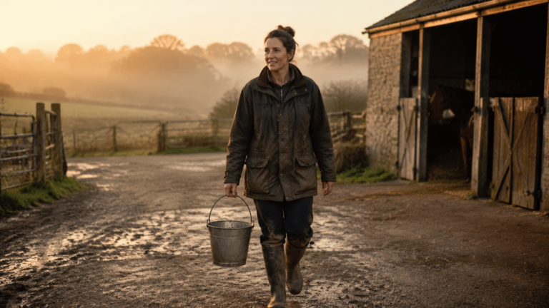 Une agricultrice en veste de travail traverse la cour d’une ferme au petit matin, un seau à la main, étable et champs brumeux en arrière-plan.