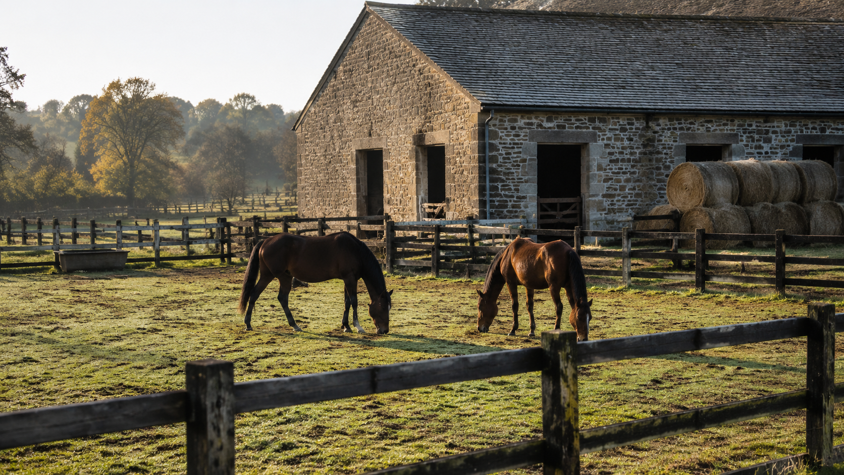 Pré clôturé où paissent deux chevaux, bâtiment agricole en pierre et bottes de foin à l’arrière-plan, sans personne au premier plan.
