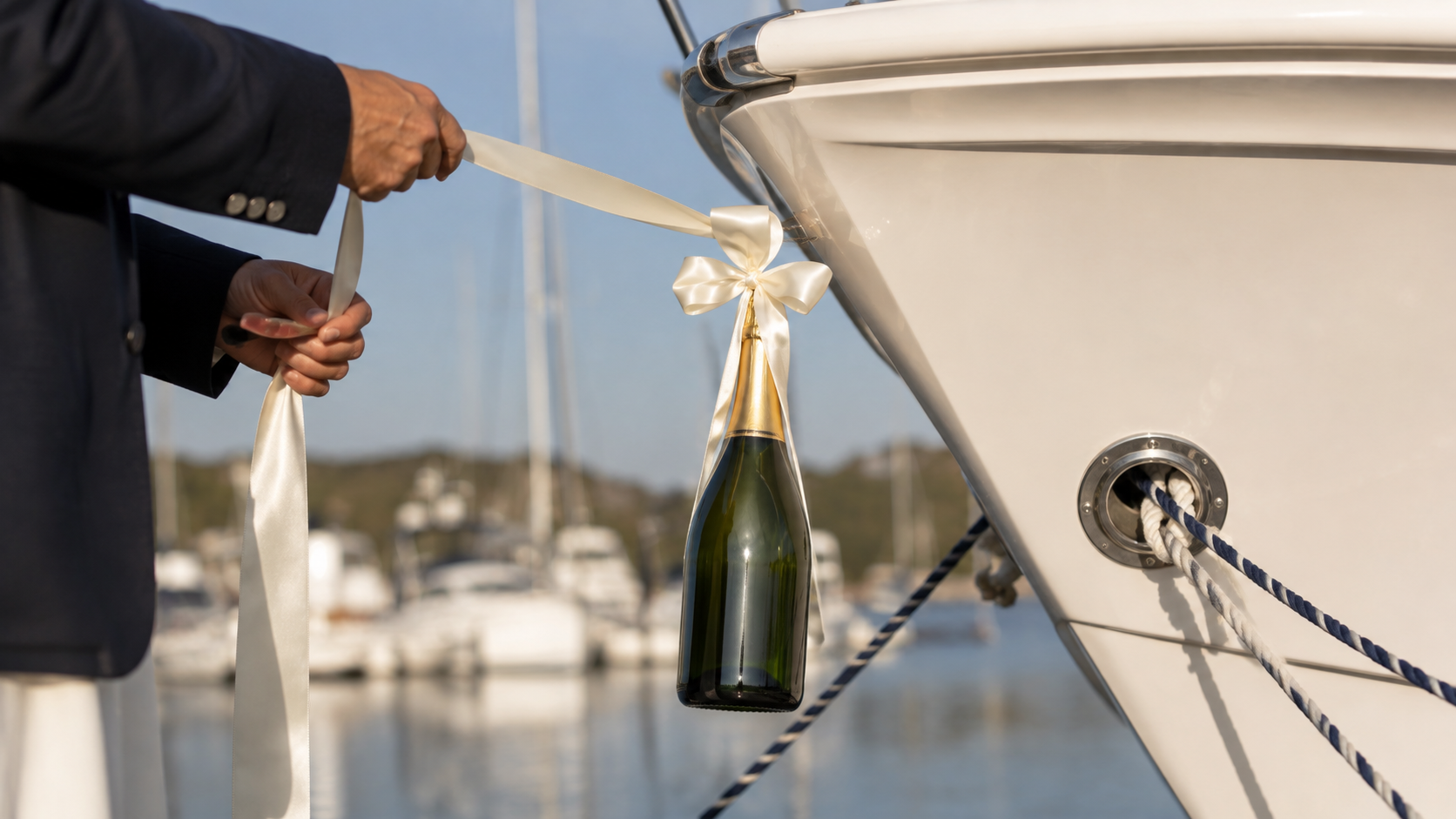 Bouteille de champagne suspendue par un large ruban le long de l’étrave d’un voilier blanc, mains tenant le ruban, port flou en arrière-plan.