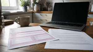 Formulaire d'arrêt de travail, document contractuel et ordinateur portable posés sur une table de cuisine à la lumière du matin
