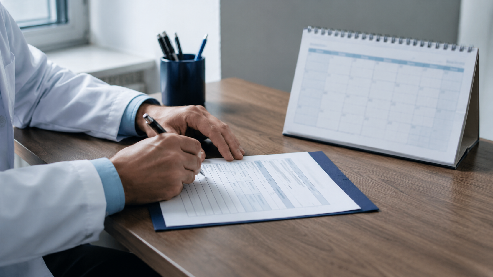 Mains d'un praticien remplissant un avis d'arrêt de travail sur un bureau, à côté d'un calendrier ouvert sur septembre
