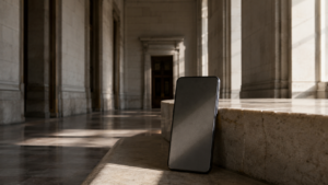 Smartphone dressé contre le rebord d'une banquette de pierre, dans un couloir vide et solennel baigné de lumière rasante.