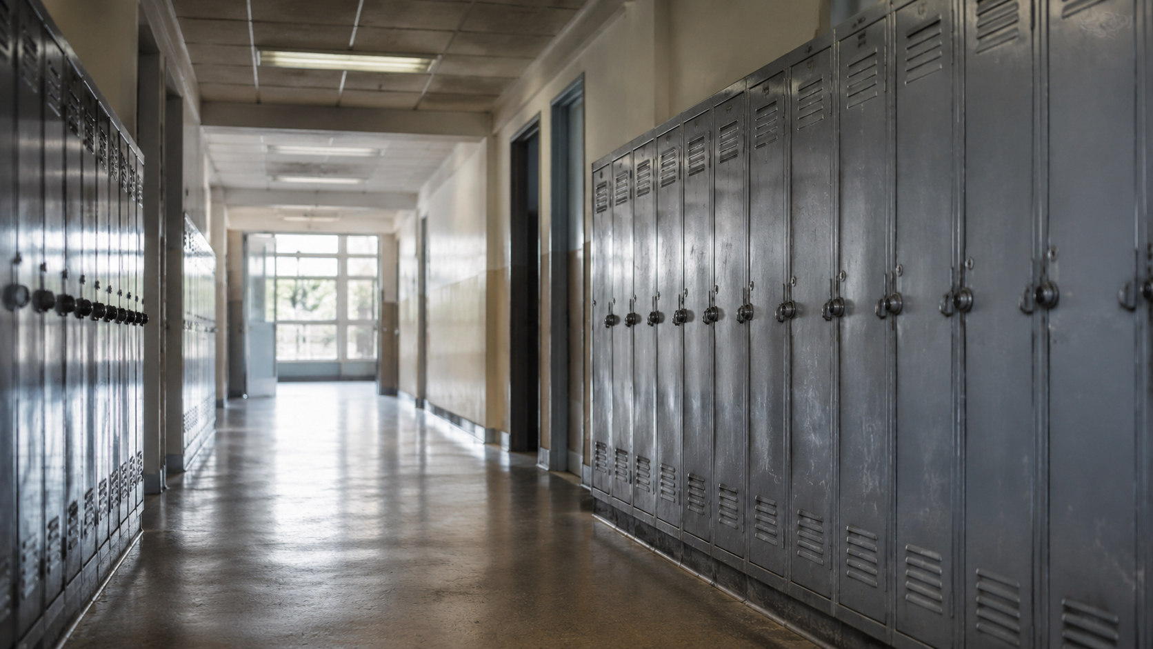 Couloir de lycée vide bordé de casiers métalliques fermés