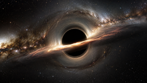 Rendu d’un trou noir supermassif entouré d’un mince anneau de lumière déformée, sur un fond d’étoiles tordu par la courbure.