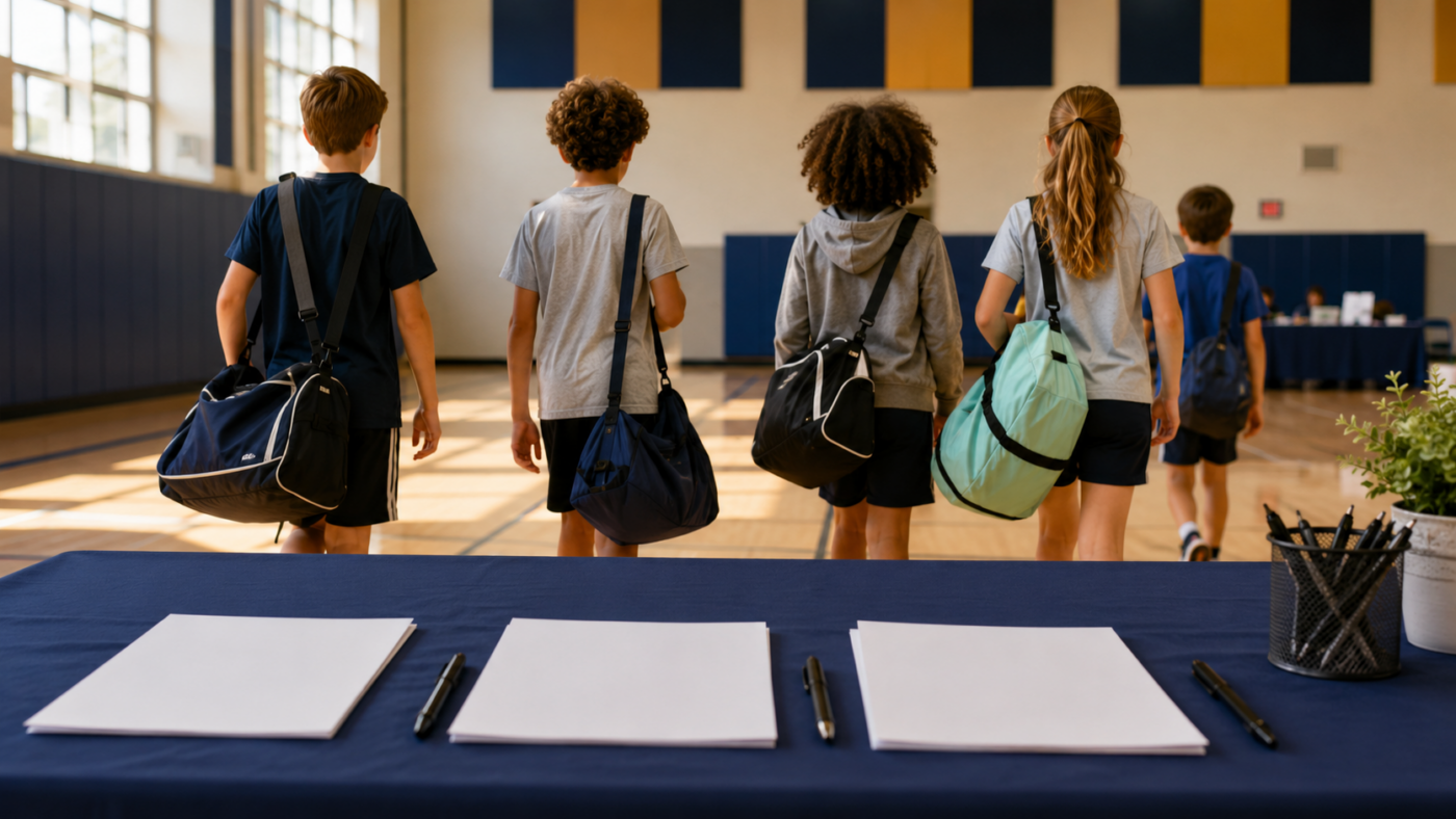 Des enfants de dos, sacs de sport à l'épaule, traversent un gymnase un jour d'inscription, une table avec des formulaires au premier plan