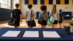 Des enfants de dos, sacs de sport à l'épaule, traversent un gymnase un jour d'inscription, une table avec des formulaires au premier plan
