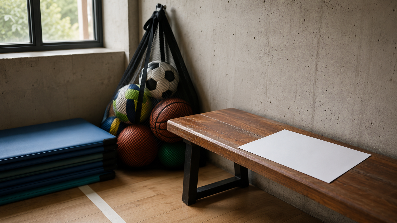 Matériel de sport générique dans un coin de gymnase : tapis pliés, ballons en filet, formulaire vierge sur un banc