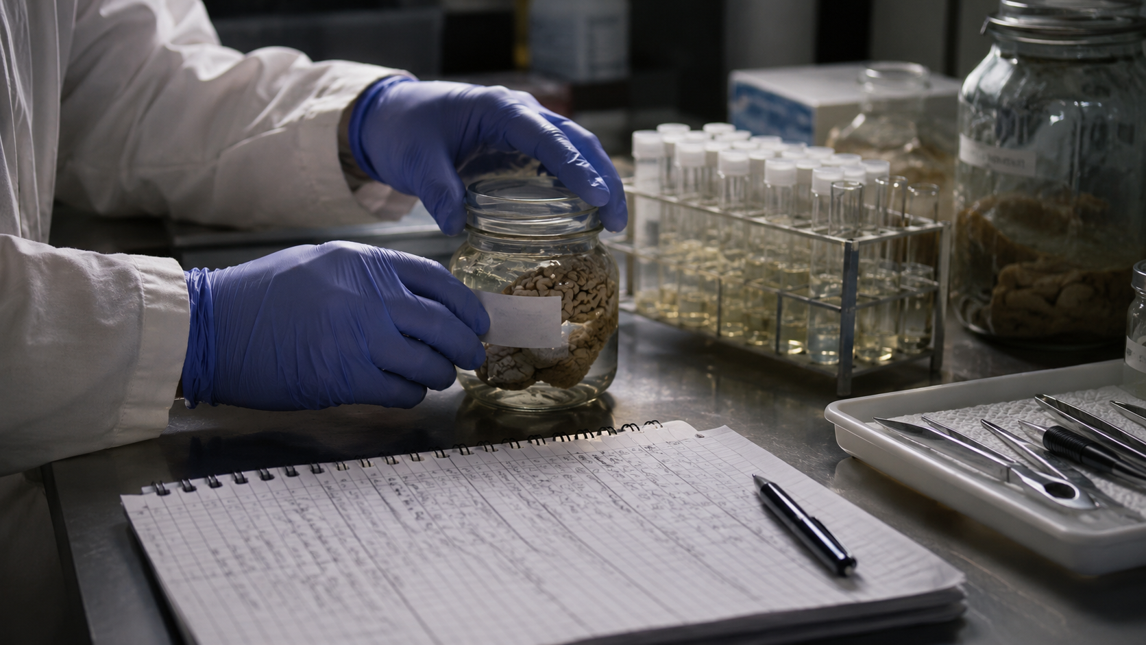 Sur une paillasse de laboratoire, des mains gantées manipulent un bocal d’échantillon étiqueté à côté d’un cahier couvert de chiffres.