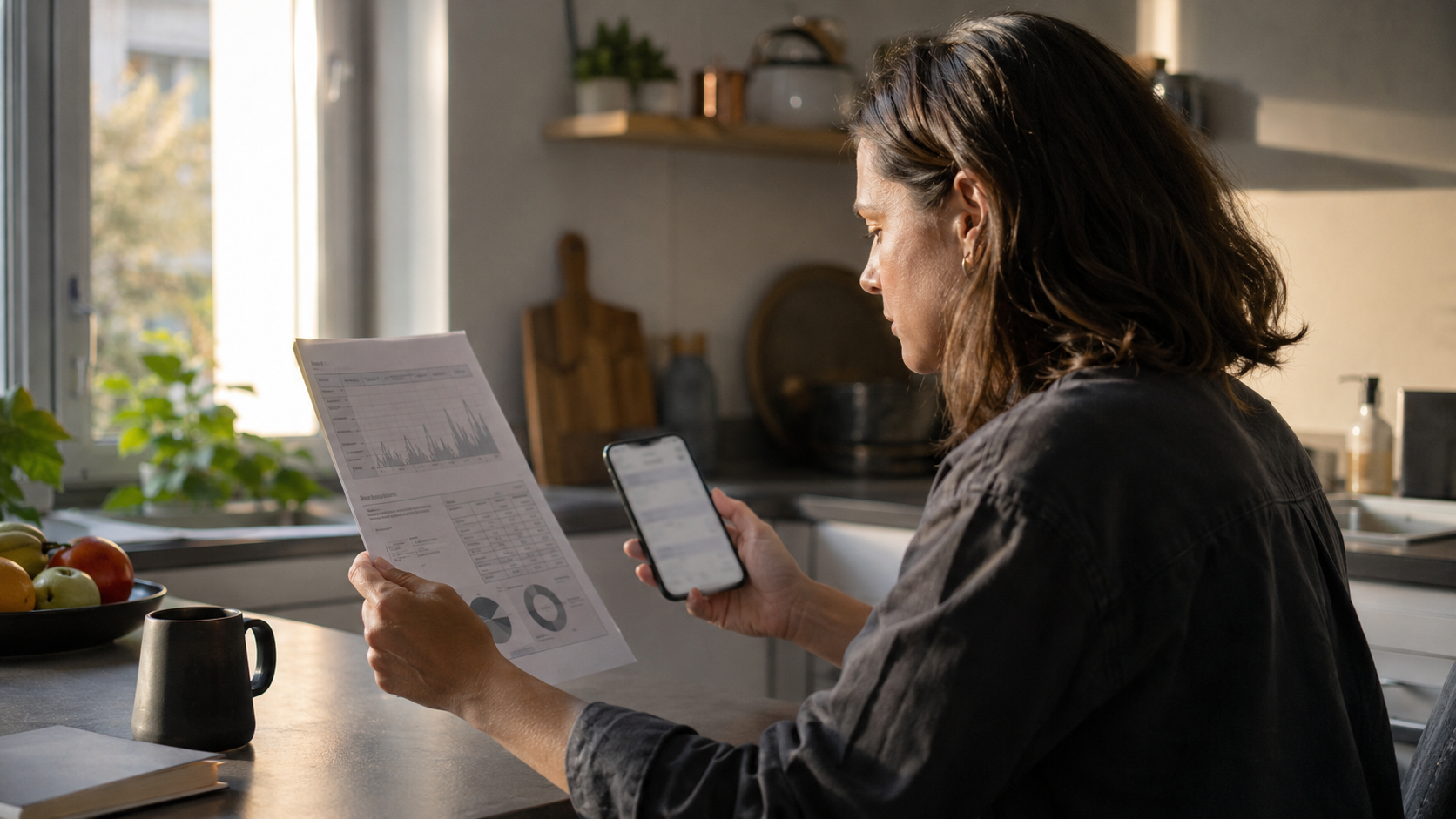 Dans une cuisine française, une personne de profil compare sur son téléphone une page imprimée couverte de chiffres.