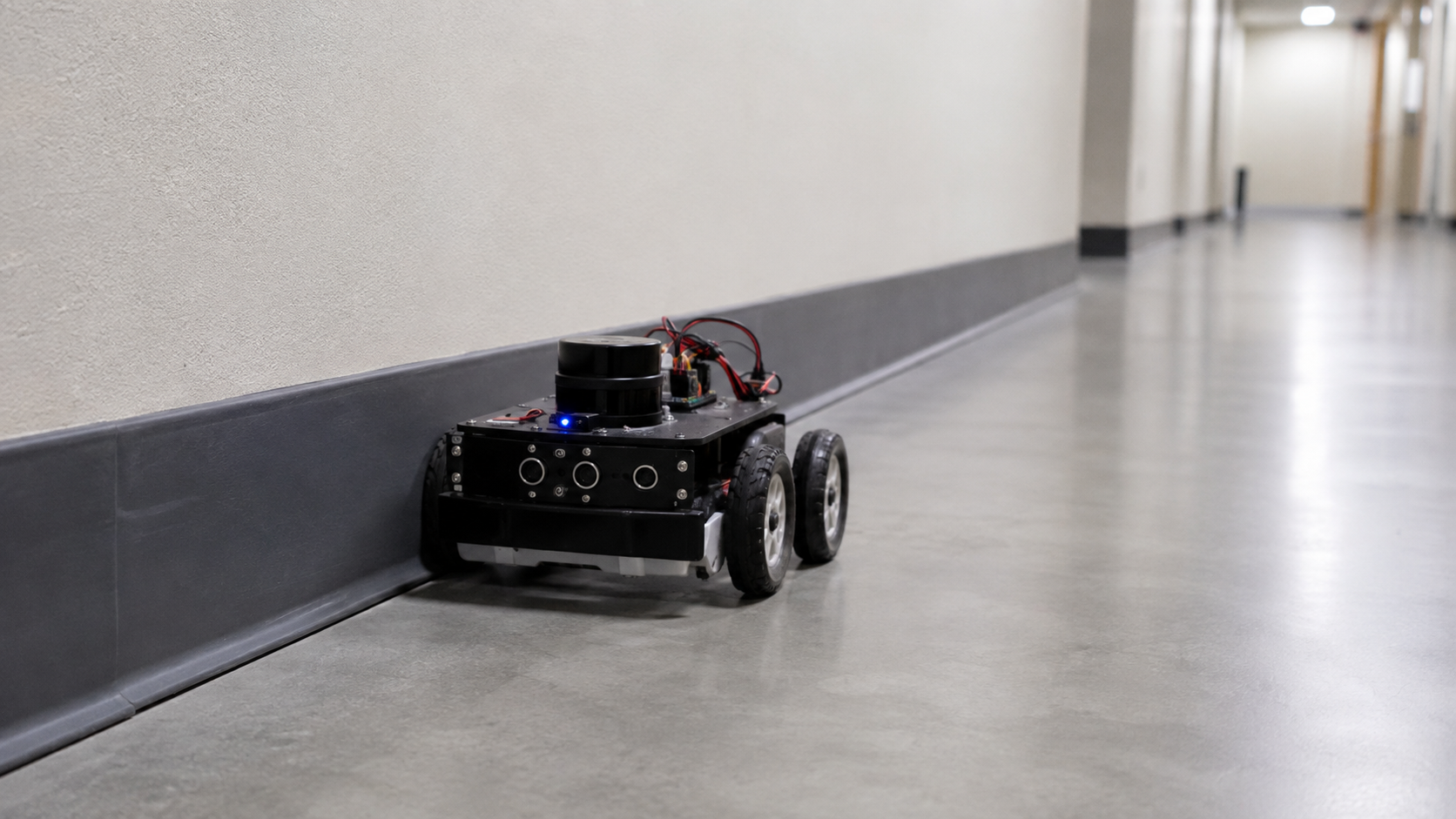 Un petit robot à roues longe le bas d’un mur dans un couloir vide, ses capteurs tournés vers la cloison.