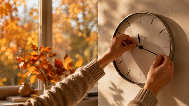 Deux mains reculent d'une heure les aiguilles d'une horloge murale ronde, dans la lumière tiède d'un matin d'automne, feuilles orangées floues en arrière-plan.