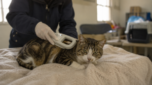 Main gantée approchant un lecteur de puce du dos d'un chat couché sur une couverture, dans une pièce vide servant de refuge