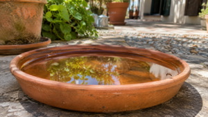 Soucoupe de pot en terre cuite remplie d’eau de pluie sur une terrasse de jardin ensoleillée.