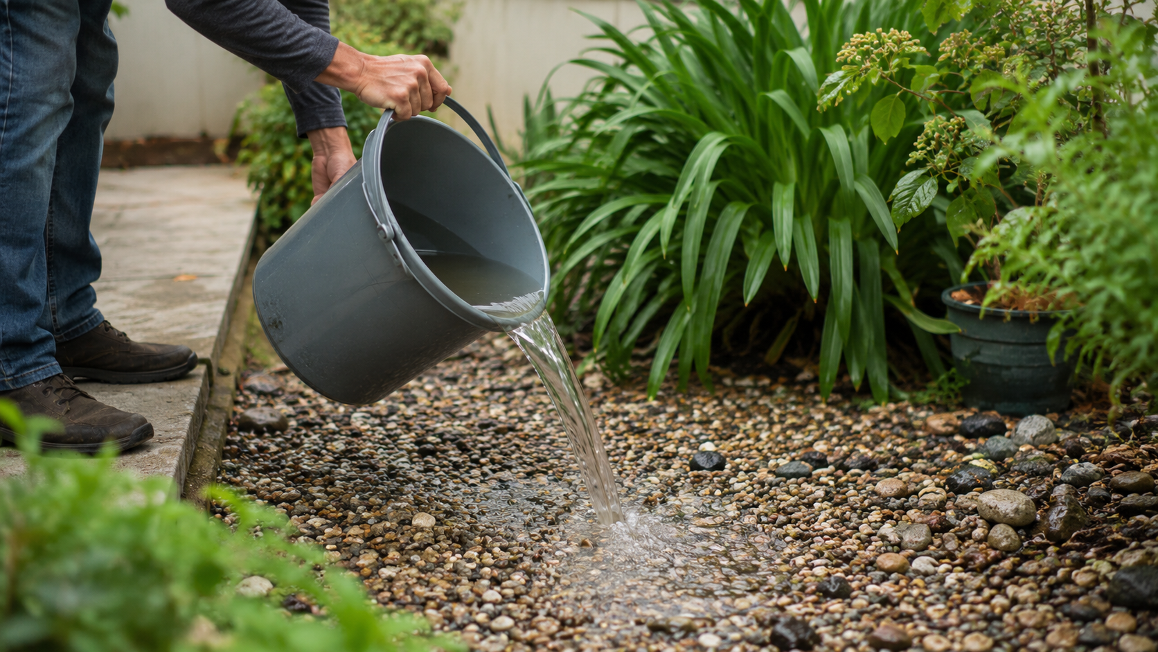 Des mains vident un seau en plastique rempli d’eau de pluie sur le gravier d’un jardin.