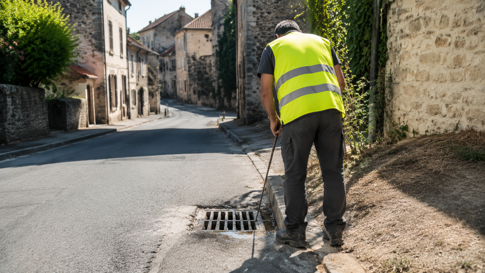 Un agent municipal en gilet fluorescent, vu de dos, inspecte une grille d'eaux pluviales dans une rue de village du Tarn.
