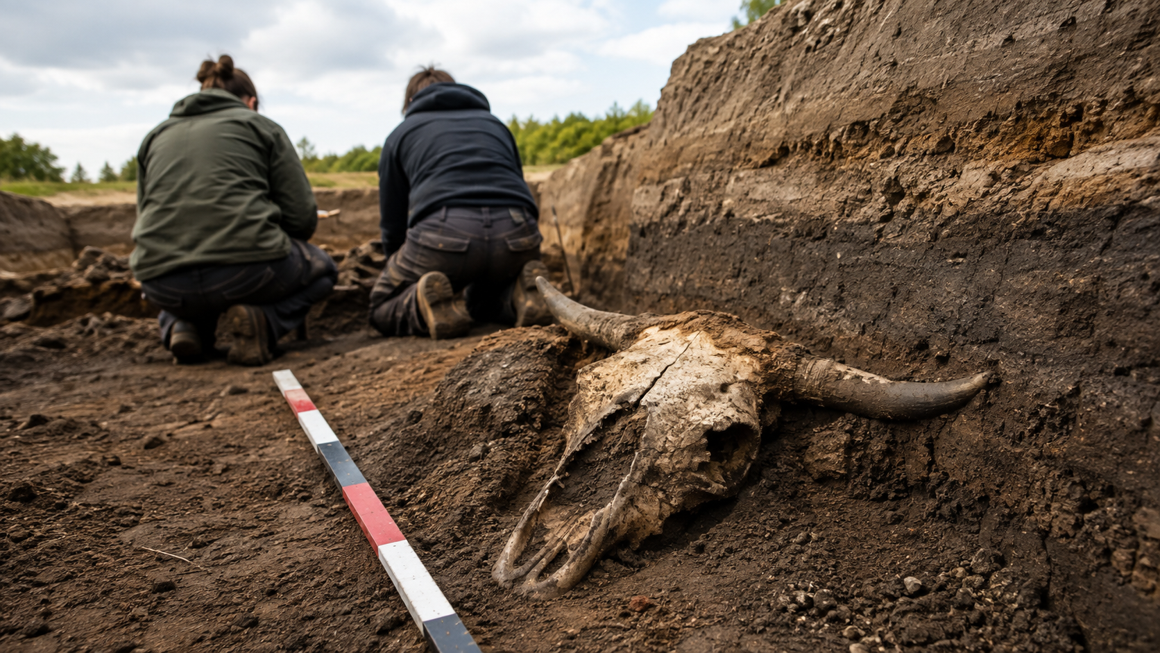 Crâne de bovin dégagé dans le remplissage d’un fossé préhistorique, à côté d’une mire, deux archéologues de dos au fond de la tranchée.