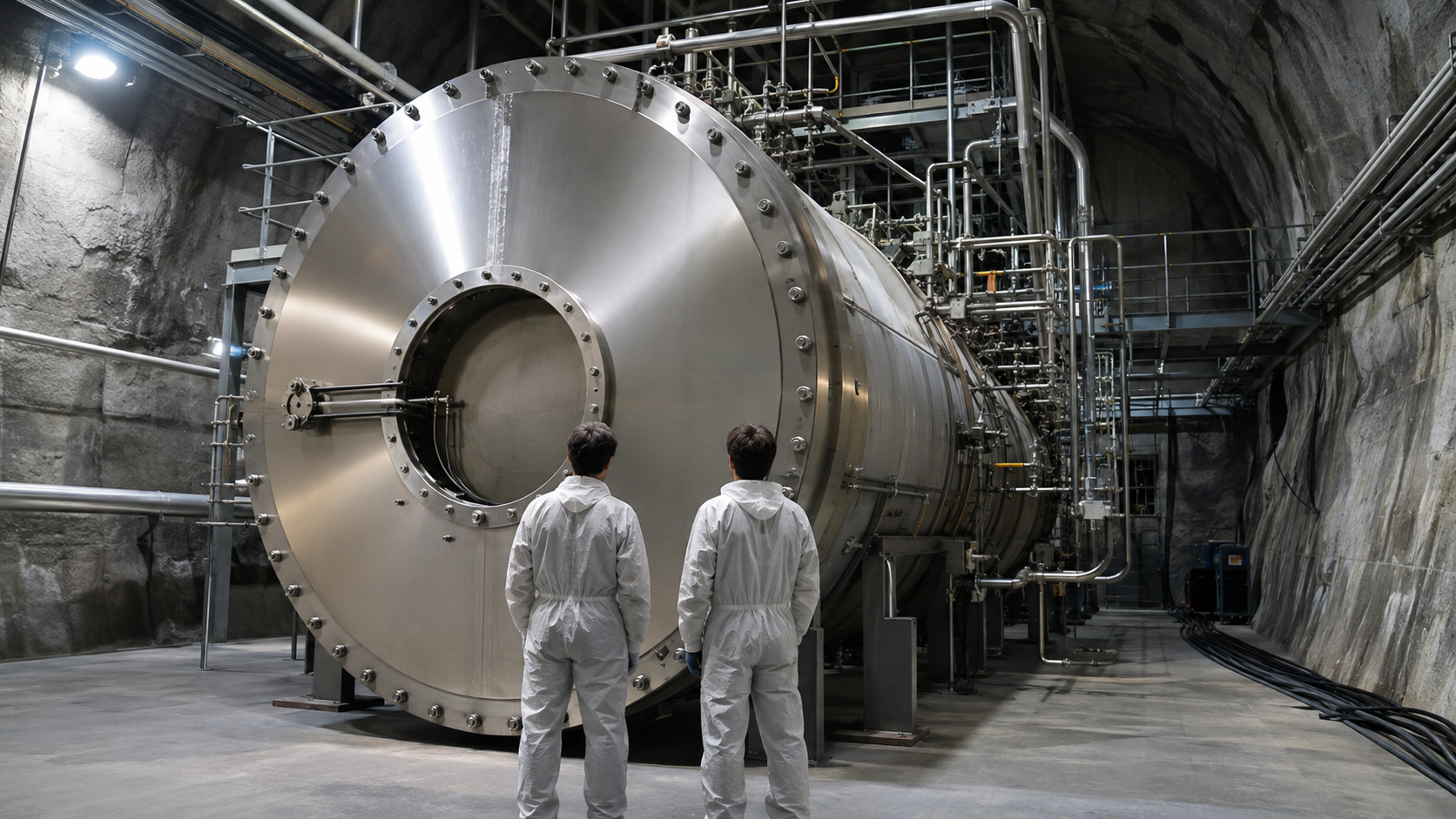 Grande cuve cylindrique en acier dans une salle expérimentale souterraine, deux techniciens de dos donnant l’échelle.