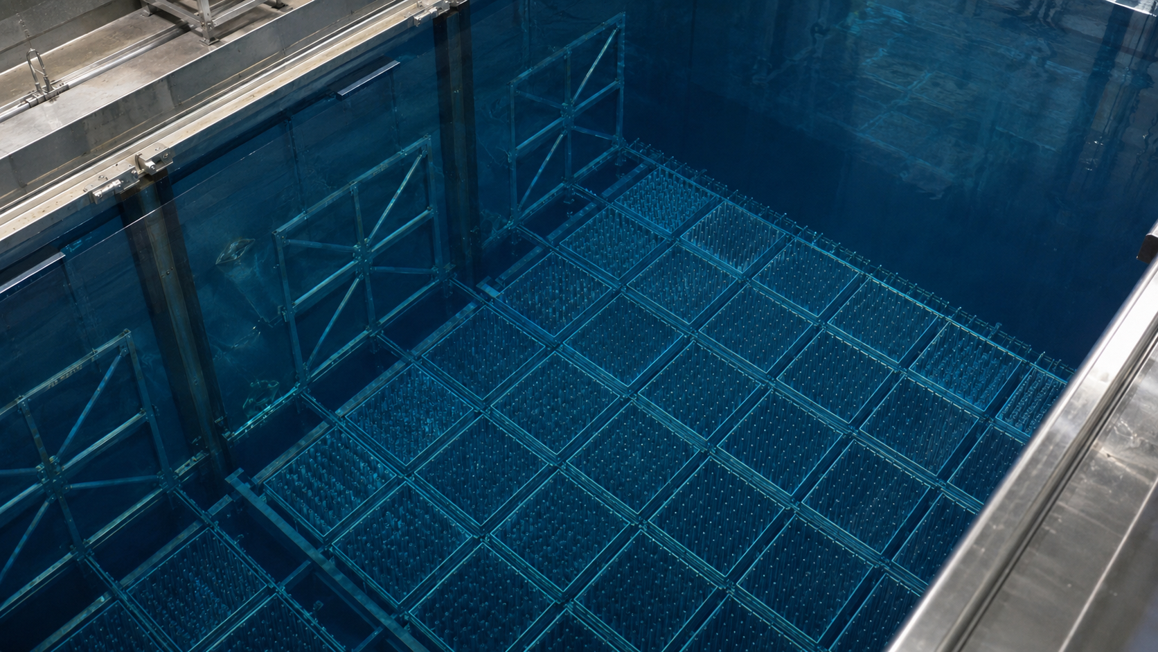 Piscine d’entreposage de combustible usé, eau profonde teintée de bleu et quadrillage des assemblages immergés.