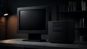 Ordinateur cubique noir mat des années 1980 et son grand écran, seuls sur un bureau gris dans une pièce sombre