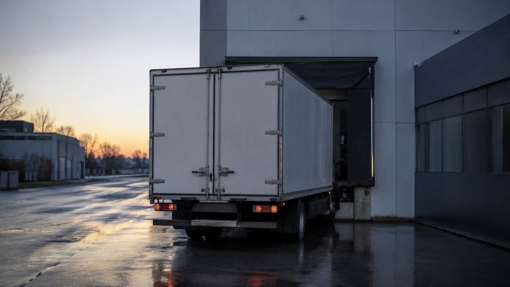 Camion blanc sans marquage reculé contre le quai de chargement d’un bâtiment industriel anonyme, à l’aube