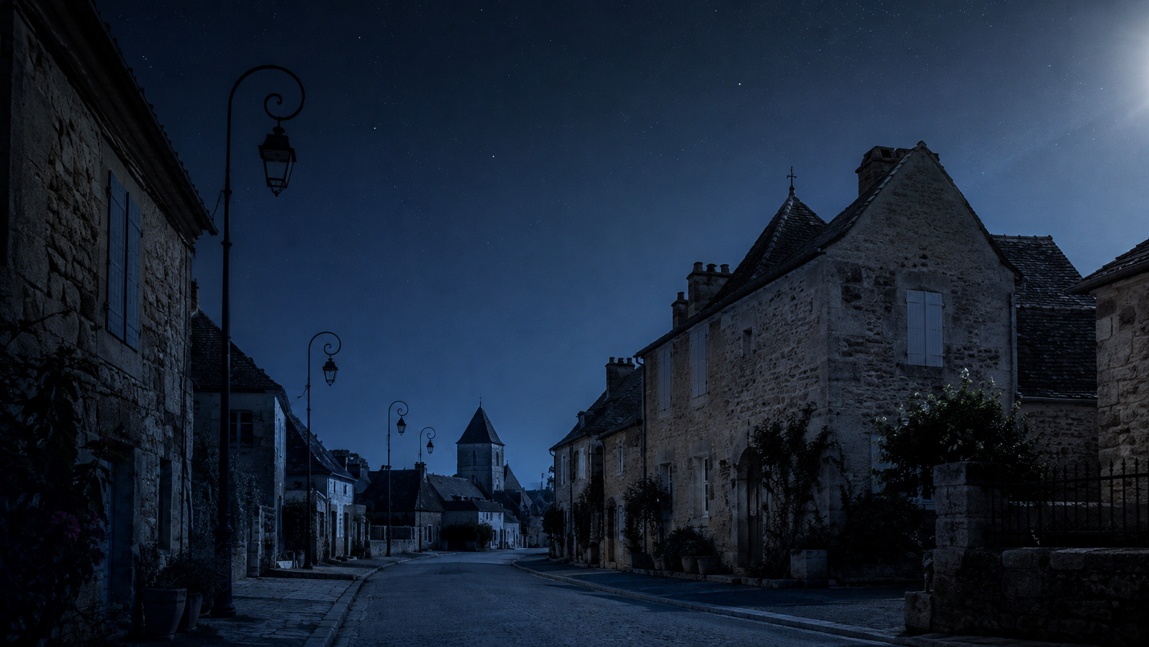 Rue d'un village français la nuit, lampadaires éteints, façades sombres sous un ciel étoilé