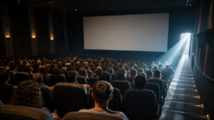 Salle de cinéma presque pleine un après-midi d’été, spectateurs vus de dos face à l’écran, lumière du jour filtrant par la porte de sortie.
