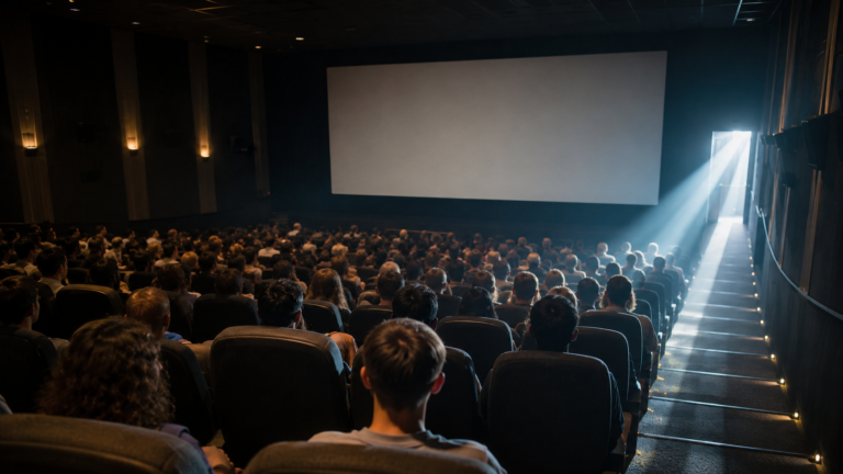 Salle de cinéma presque pleine un après-midi d’été, spectateurs vus de dos face à l’écran, lumière du jour filtrant par la porte de sortie.