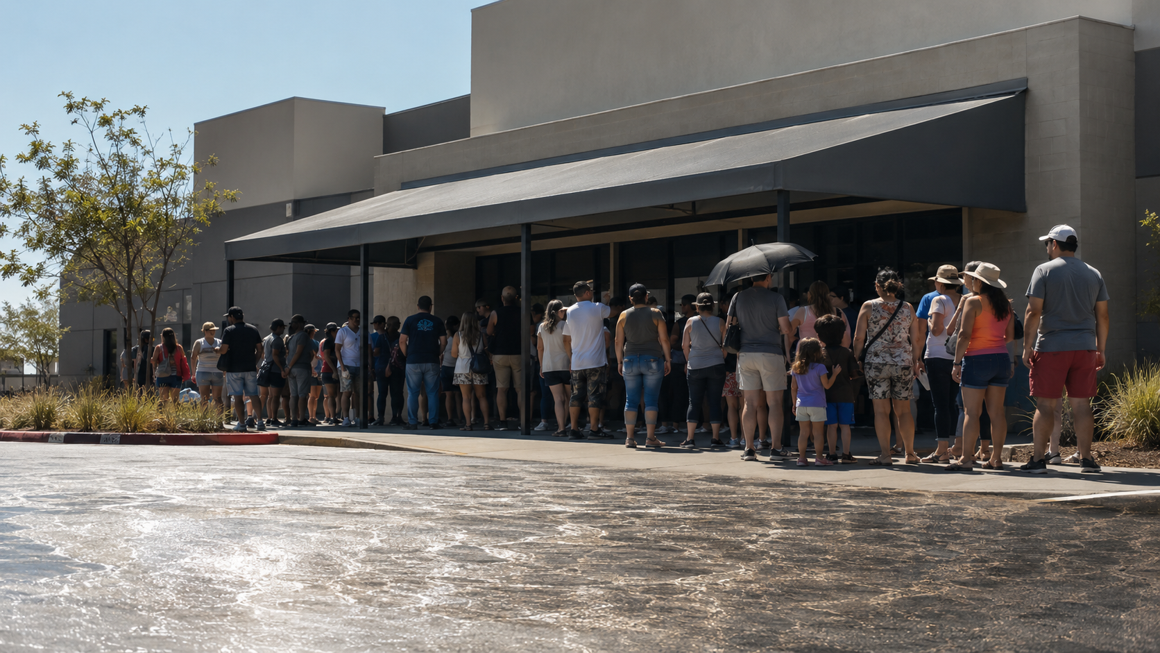 File d’attente à l’entrée d’un multiplexe sous un soleil écrasant, familles abritées sous l’auvent, bitume surchauffé au premier plan.