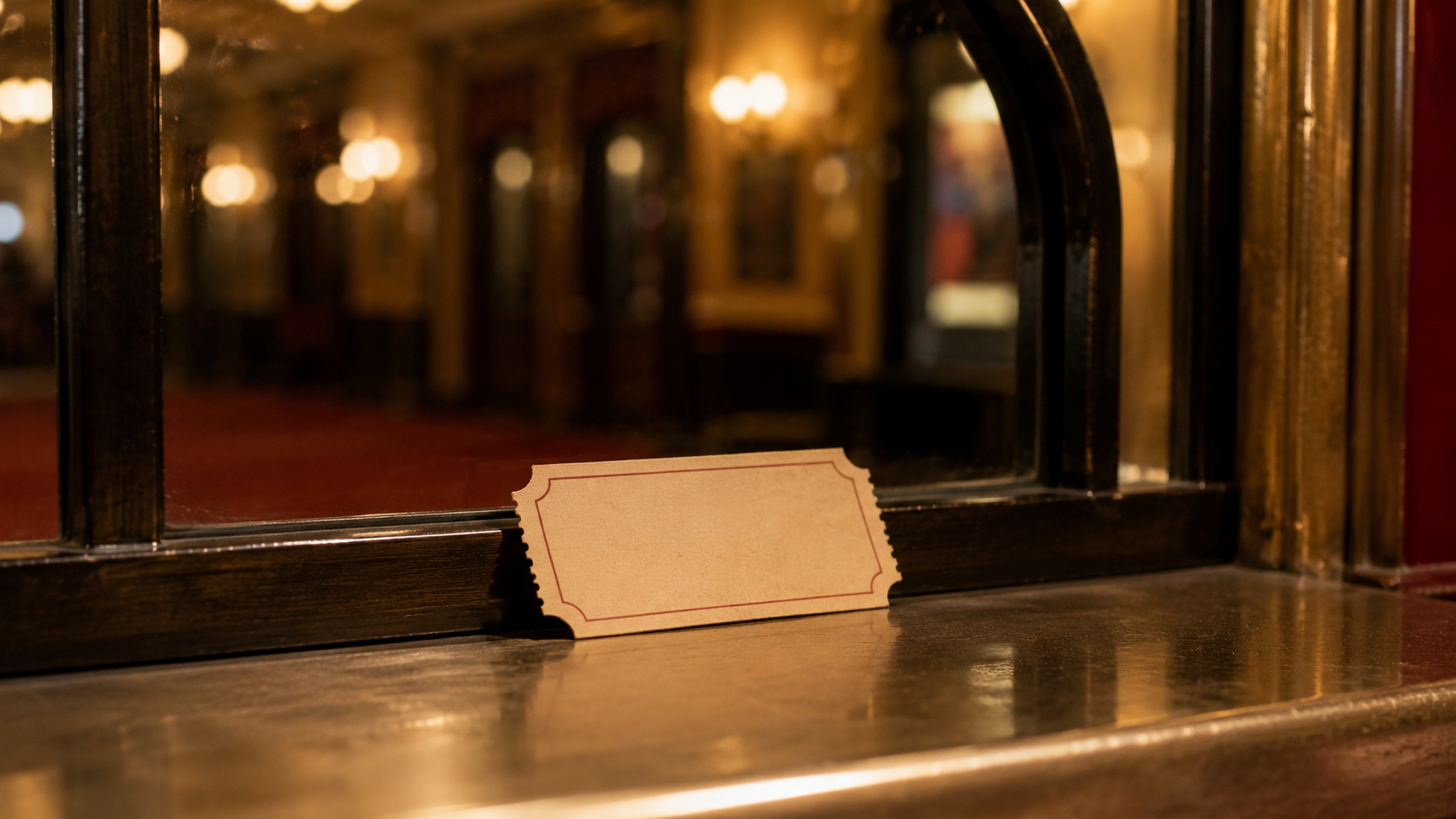 Un billet de cinéma en papier posé sur le comptoir d’un guichet, les lumières chaudes du hall en arrière-plan.