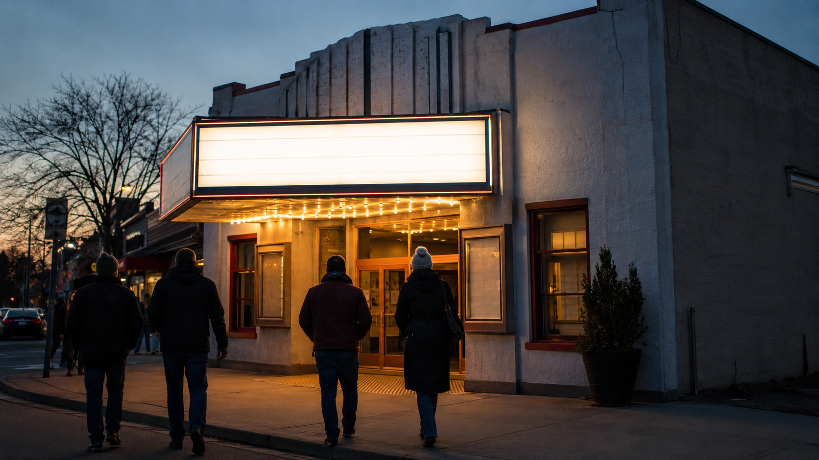 Façade d'un petit cinéma de ville à écran unique au crépuscule, enseigne lumineuse sans texte, passants vus de dos.