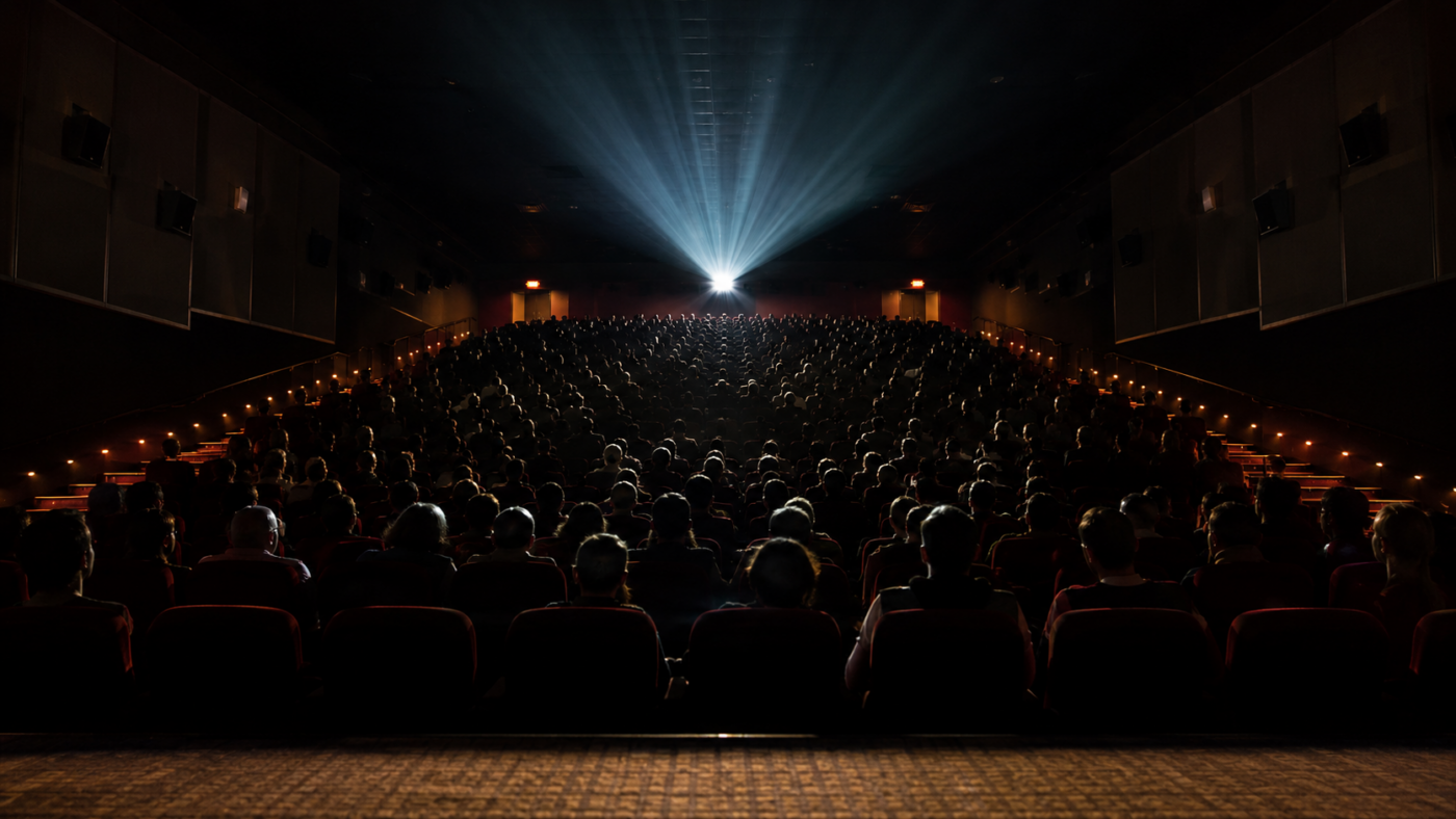 Salle de cinéma remplie vue depuis l'écran, faisceau du projecteur traversant l'obscurité, spectateurs en silhouette de dos.