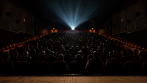 Salle de cinéma remplie vue depuis l'écran, faisceau du projecteur traversant l'obscurité, spectateurs en silhouette de dos.