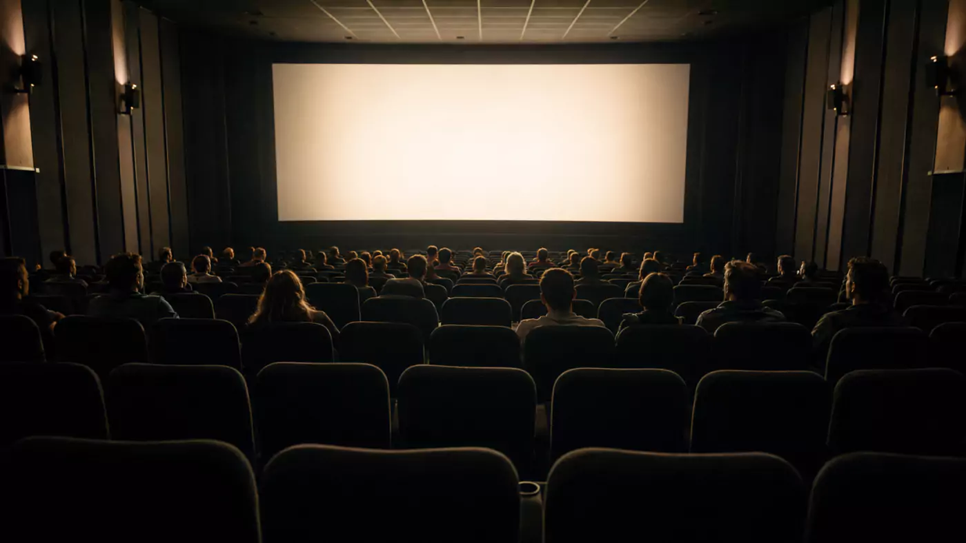 Salle de cinéma à moitié remplie, spectateurs vus de dos face à l'écran, rangées vides au premier plan