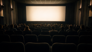 Salle de cinéma à moitié remplie, spectateurs vus de dos face à l'écran, rangées vides au premier plan
