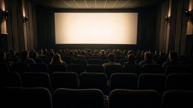 Salle de cinéma à moitié remplie, spectateurs vus de dos face à l'écran, rangées vides au premier plan