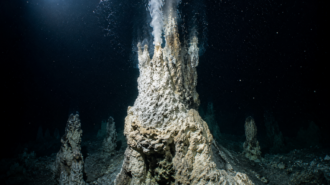 Cheminées hydrothermales pâles sur un fond marin sombre, fluide chaud ondulant et croûtes minérales aux reflets métalliques