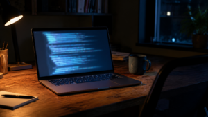Ordinateur portable ouvert sur un bureau en bois la nuit, écran de code flou, tasse froide et chaise vide