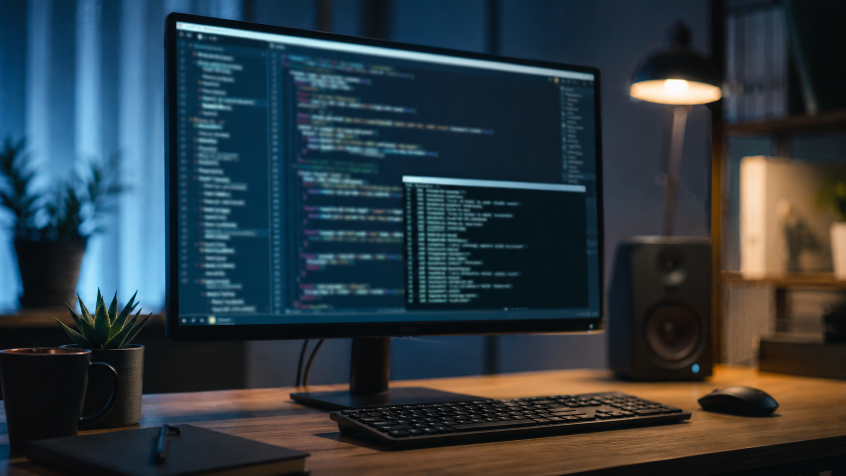 Écran d'ordinateur affichant du code source et un terminal de commande, dans un cadre de travail générique.