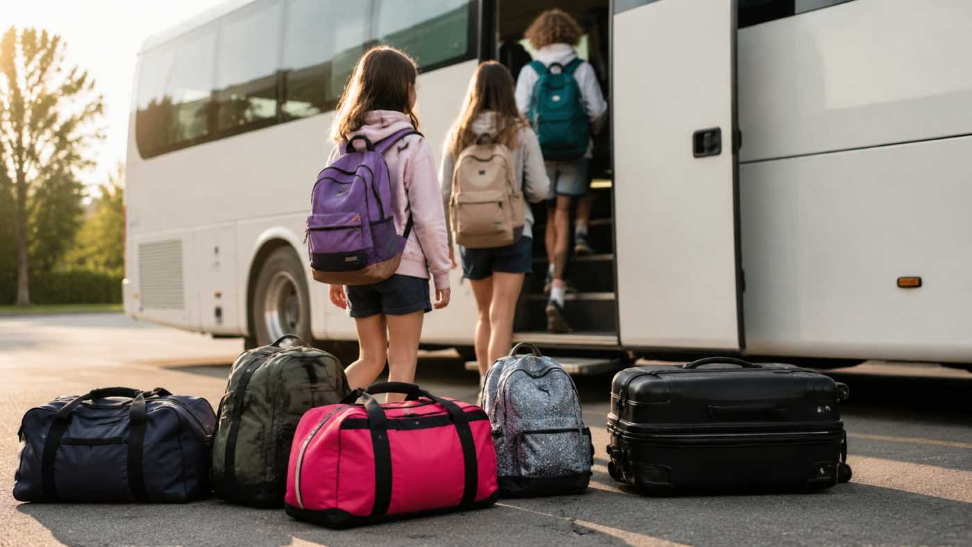 Enfants vus de dos montant dans un autocar de colonie de vacances, sacs de voyage posés sur le bitume