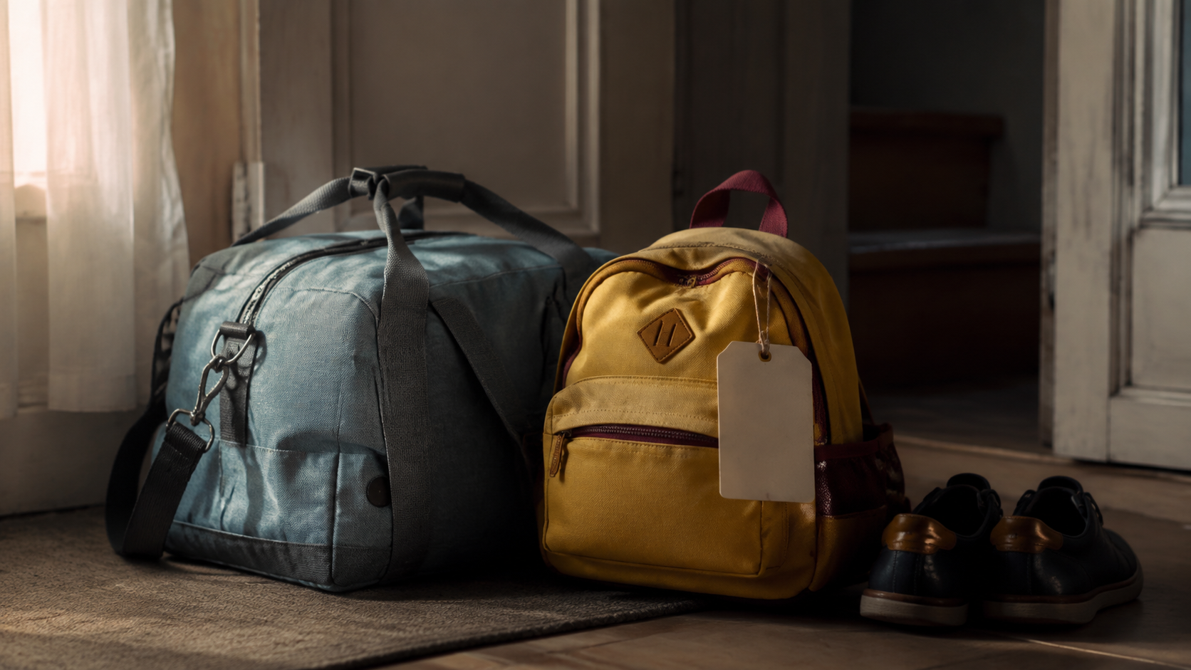 Sac de voyage d'enfant et petit sac à dos étiqueté posés dans l'entrée d'un logement, chaussures à côté