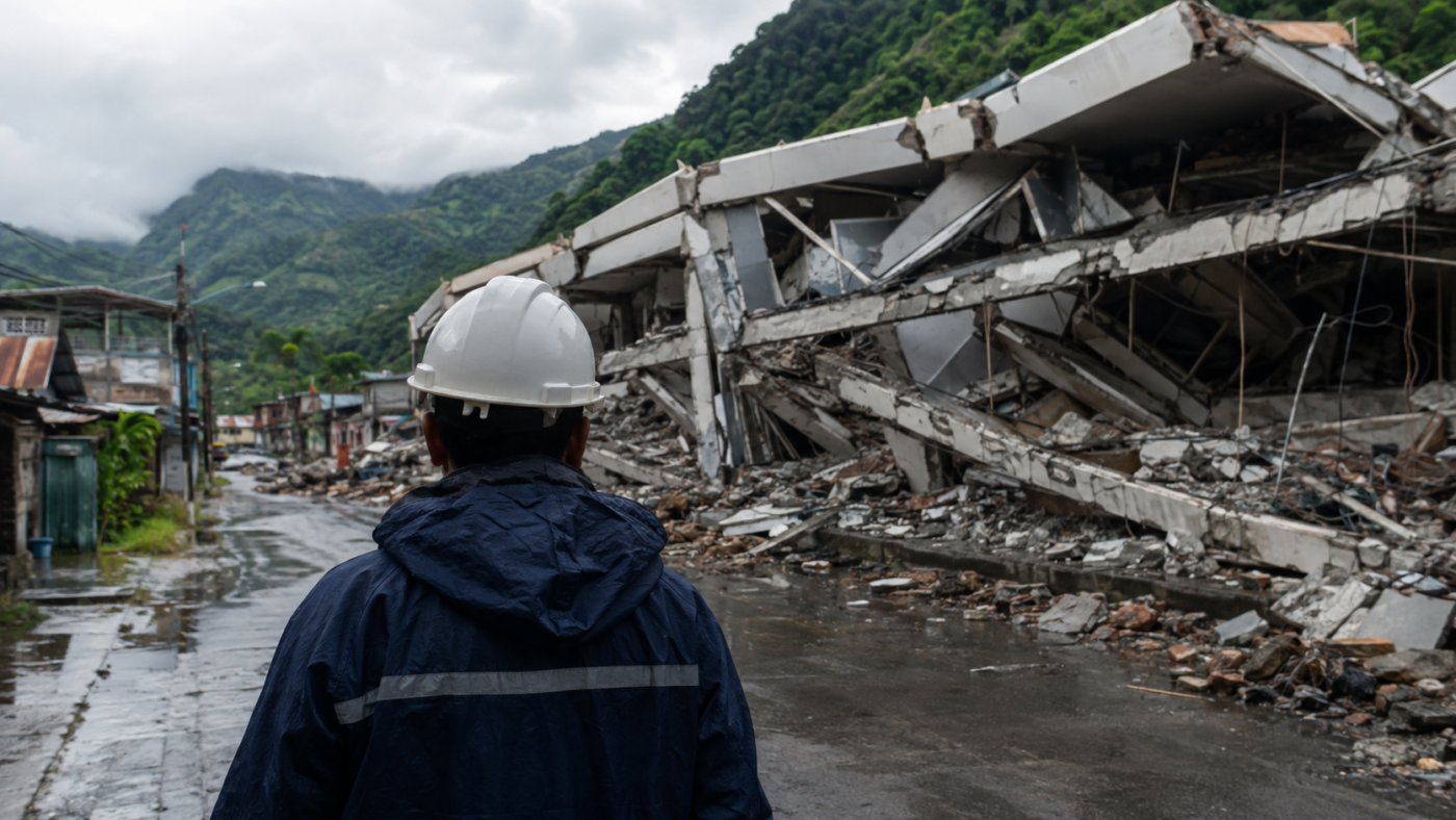 Un secouriste casqué, vu de dos, devant un bâtiment de béton effondré dans une rue humide bordée de collines vertes.