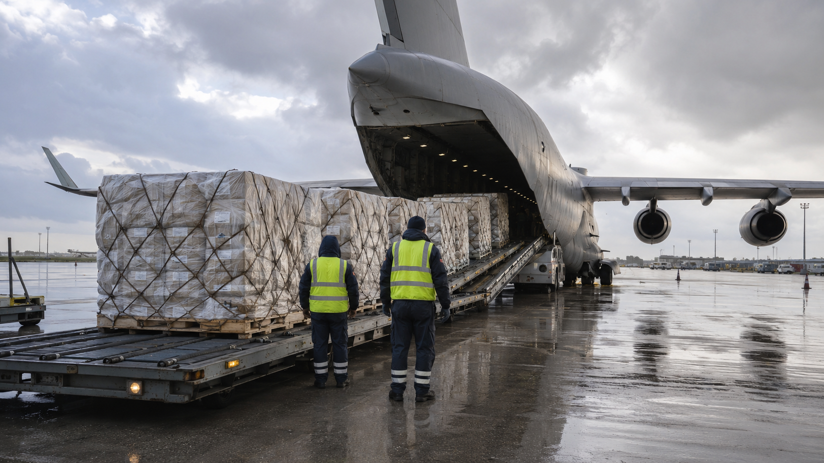 Un avion cargo rampe ouverte sur un tarmac mouillé, palettes d’aide humanitaire alignées, deux manutentionnaires de dos.