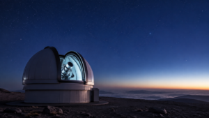 Coupole d'un petit télescope de surveillance ouverte avant l'aube sur un plateau désertique d'altitude, ciel bleu sombre encore étoilé