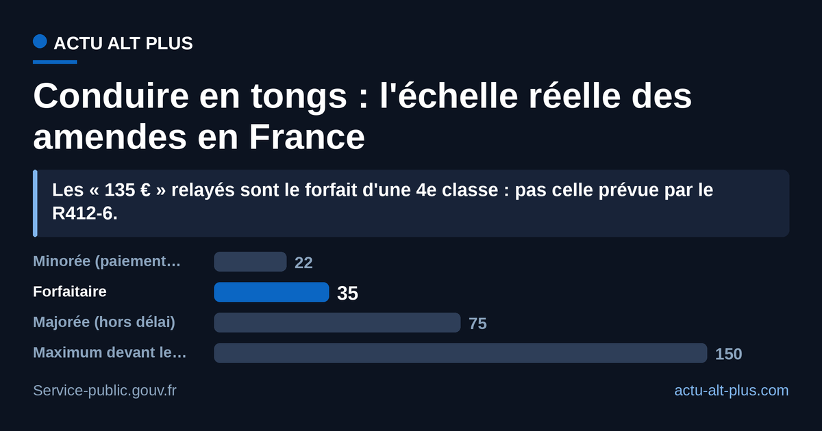 Aucune case de la contravention de 2e classe n'atteint les « 135 € » qui circulent : le tarif de base est 35 €, le maximum, rarissime, 150 € devant le juge.
