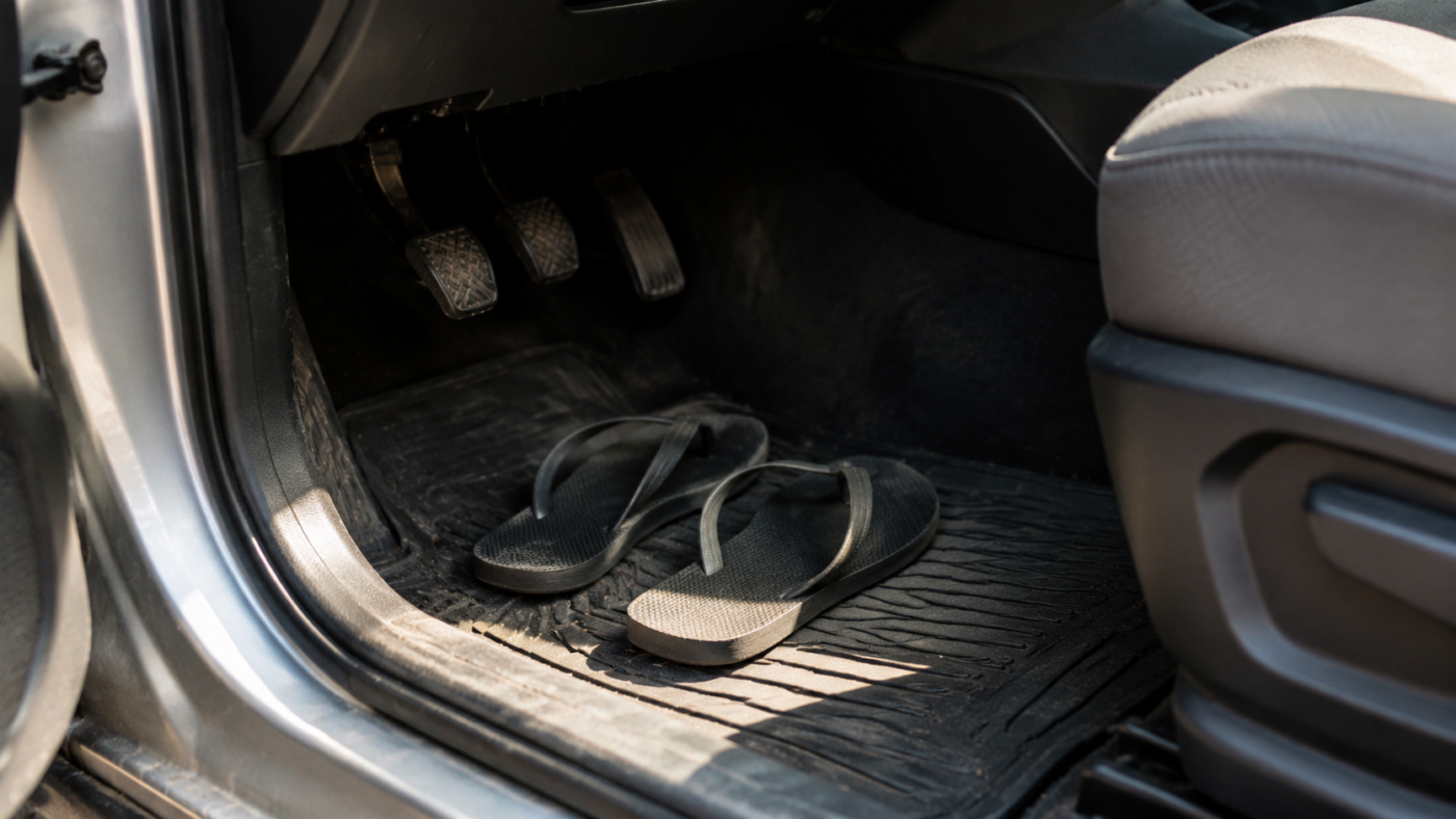 Paire de tongs posée sur le tapis de sol côté conducteur, au pied des pédales d'une voiture
