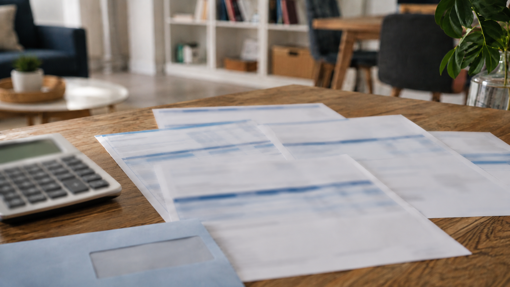 Des bulletins de salaire et une calculatrice posés sur une table, dans un intérieur français.