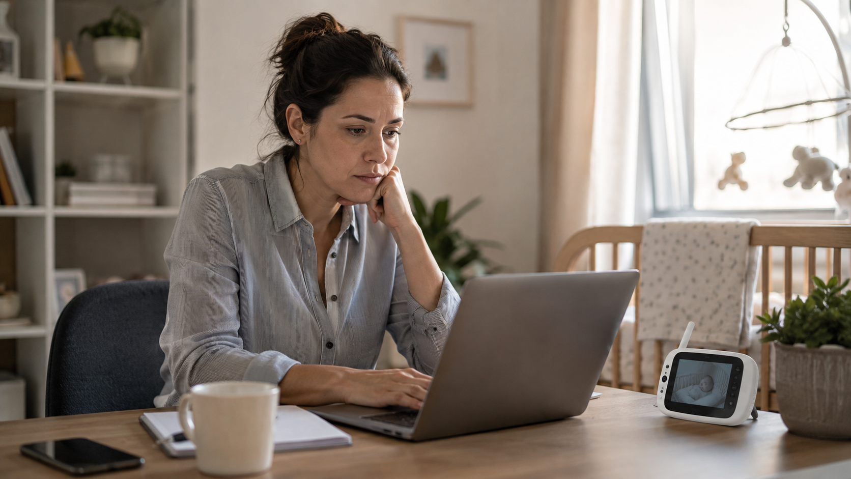 Une mère travaille sur un ordinateur portable, un babyphone posé sur le bureau à côté d’elle.