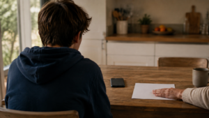 Un adolescent vu de dos pose son téléphone écran contre une table de cuisine, une main d'adulte posée à côté sur une feuille