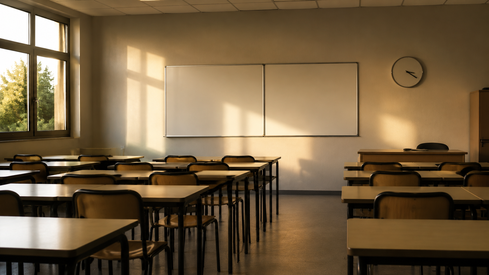 Une salle de classe de collège vide en fin d'après-midi, rangées de tables et horloge murale